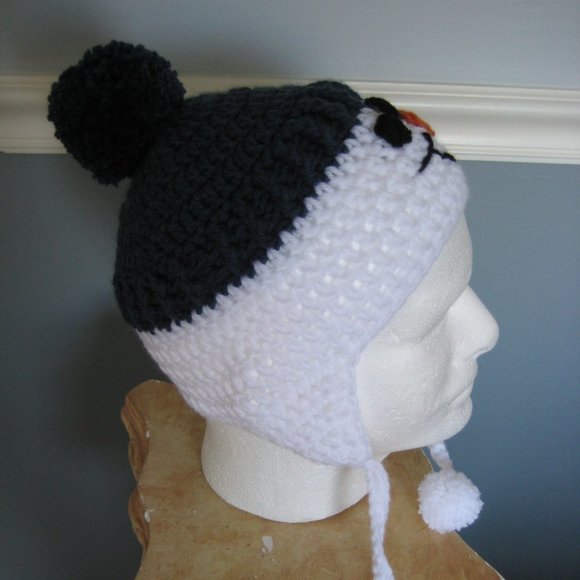 Navy Blue Snowman Hand Knit Hat / Unisex Child / Earflaps, Ties, Pom Pom's -SALE - Picture 2 of 6